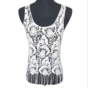 Paper + Tee Crochet Lace Floral Fringed 100% Cotton Tank Overlay Top Size Medium